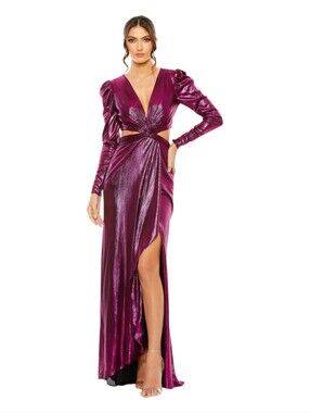 Mac Duggal Princess Sleeve Cut Out Metallic Gown
